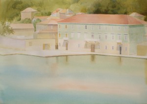 Bodor Z.: Kikötőépület, Jelsa (akvarell, papír, 46x66 cm) 2012.